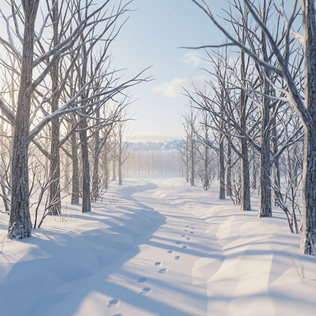 Snow-covered forest trail with footprints and distant mountains